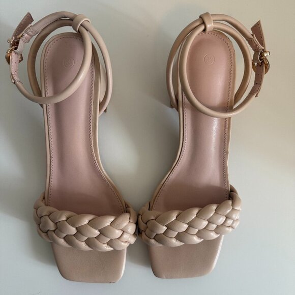 Nude Braided Open Toe Ankle Strap Low Block Chunky Heels Sandals Size 5.5 - Picture 6 of 8